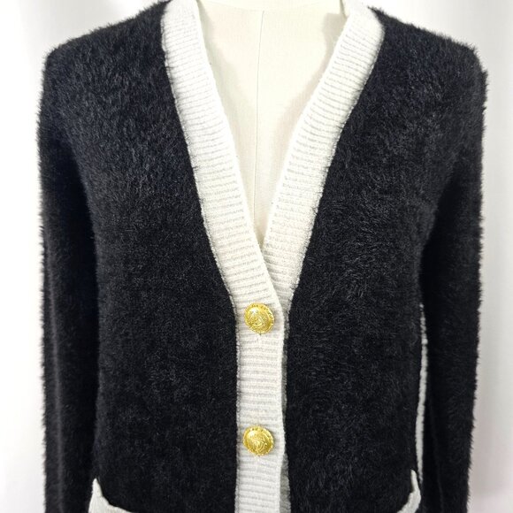 Tahari Women's Black & White Fuzzy Soft Button Front Cardigan Sweater Size XS - Picture 3 of 14